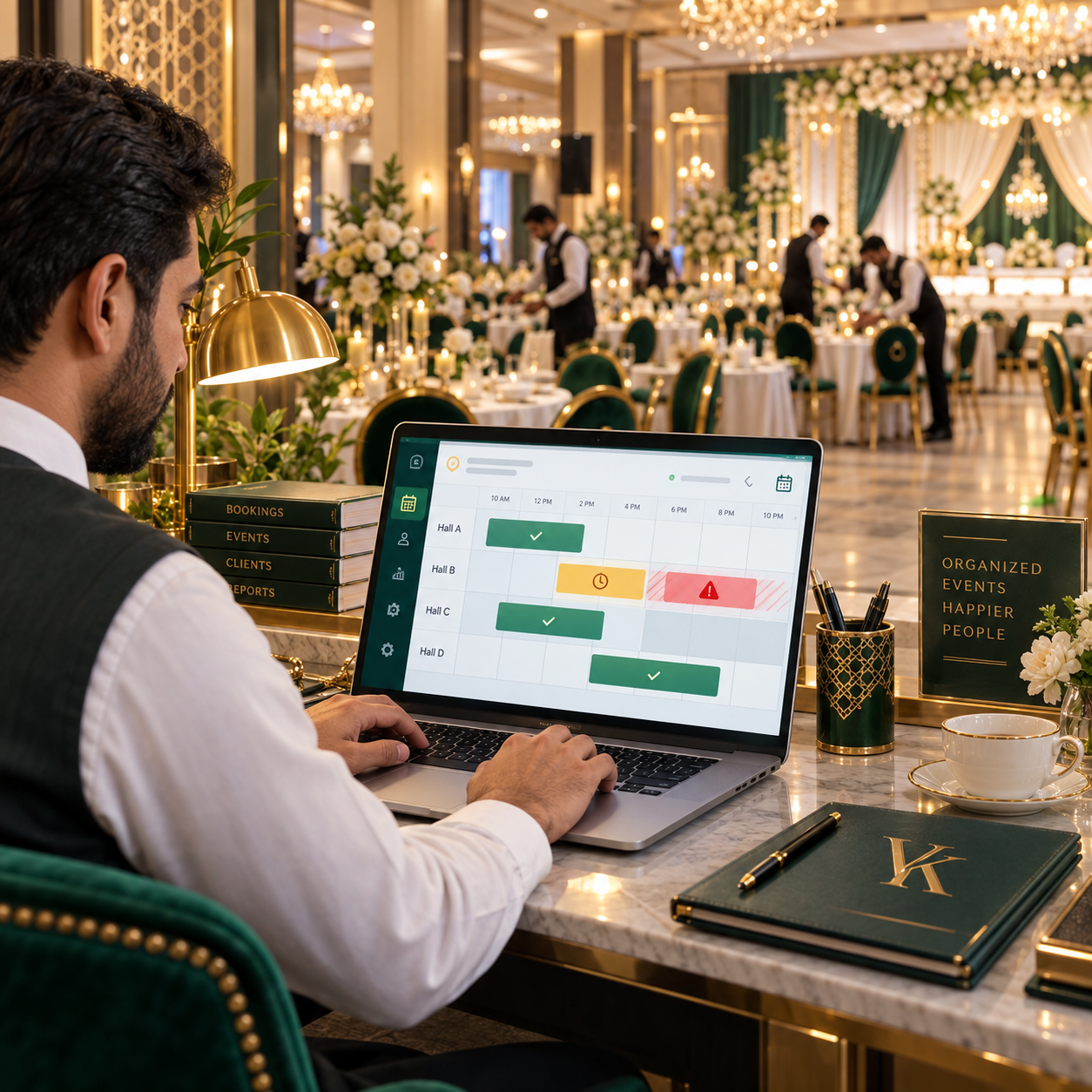 Marriage hall manager checking booking calendar to prevent double bookings