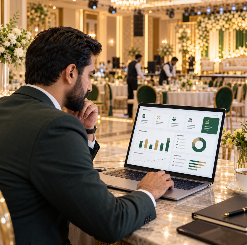 Marriage hall owner reviewing event revenue, costs and profitability on venue management software