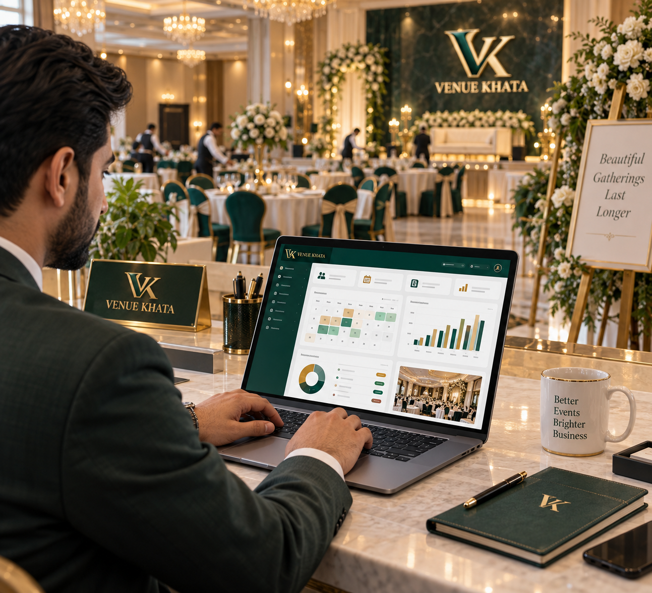 Marriage hall owner using venue management software to manage bookings and accounts in Pakistan