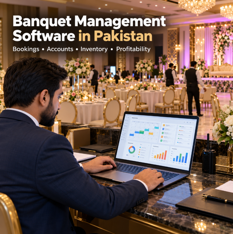 Banquet hall owner using management software for bookings, accounts and event profitability in Pakistan