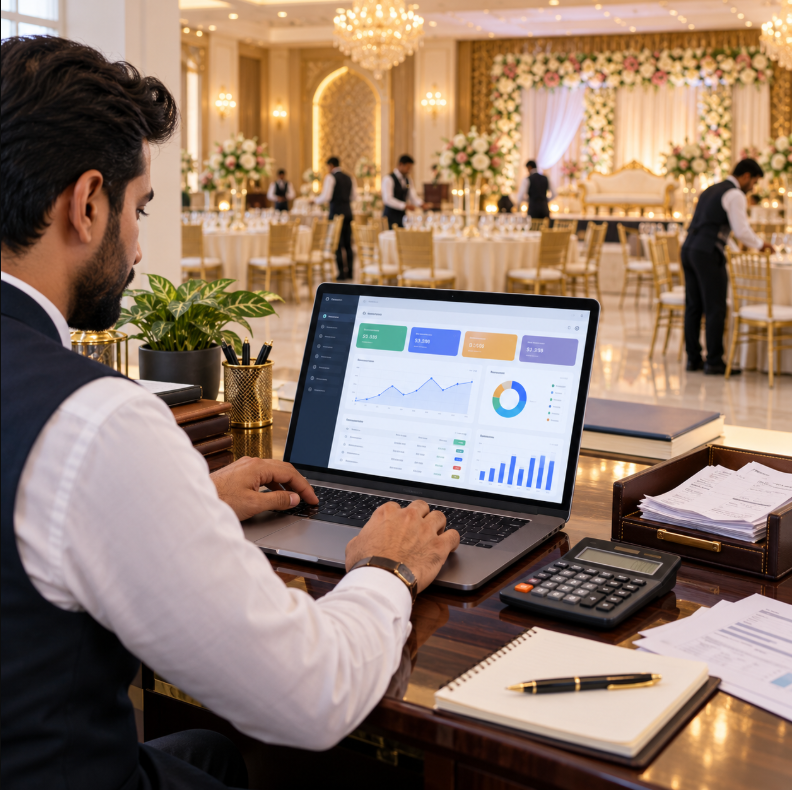 Marriage hall accountant using accounting software to manage daily receipts, payments and balances